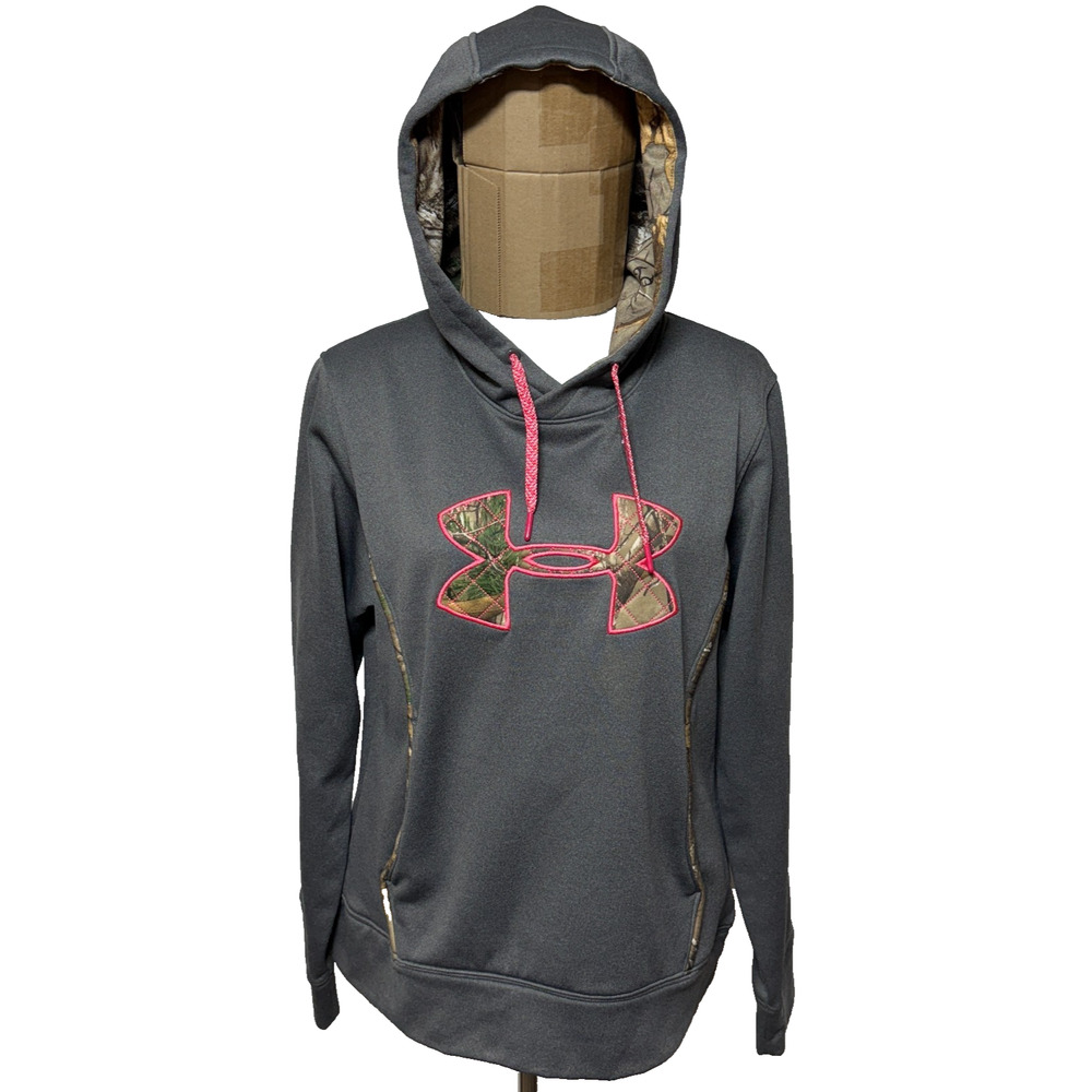 Under Armour Hoodie‎ Womens Large Gray Storm Fleece Camo Logo Sweatshirt